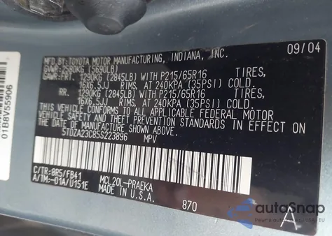 2005 Toyota Sienna Le из США, поврежденный, VIN 5TDZA23C85S223896